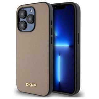 Etui DKNY Grained Metal Logo MagSafe na iPhone 15 Pro - beżowe