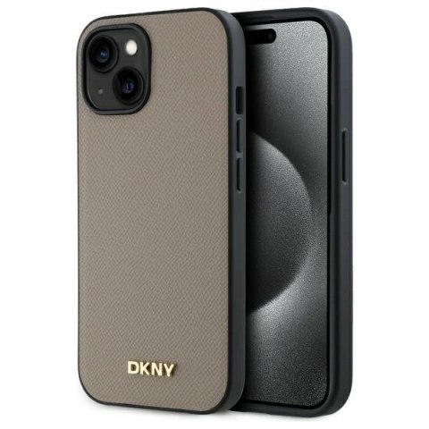 Etui DKNY Grained Metal Logo MagSafe na iPhone 15 - beżowe Etui DKNY Grained Metal Logo MagSafe na iPhone 15 - beżowe