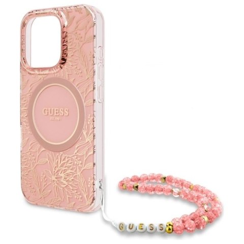 Etui Guess IML Flowers Allover Electro With Pearl Strap MagSafe na iPhone 16 Pro Max - różowe Etui Guess IML Flowers Allover Electro With Pearl Strap MagSafe na iPhone 16 Pro Max - różowe