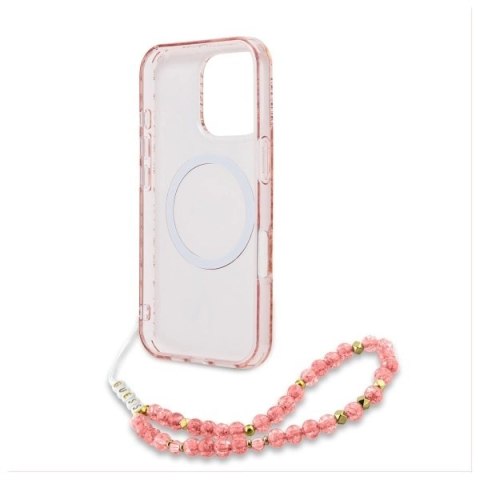 Etui Guess IML Flowers Allover Electro With Pearl Strap MagSafe na iPhone 16 Pro Max - różowe Etui Guess IML Flowers Allover Electro With Pearl Strap MagSafe na iPhone 16 Pro Max - różowe