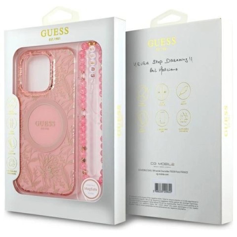 Etui Guess IML Flowers Allover Electro With Pearl Strap MagSafe na iPhone 16 Pro Max - różowe Etui Guess IML Flowers Allover Electro With Pearl Strap MagSafe na iPhone 16 Pro Max - różowe