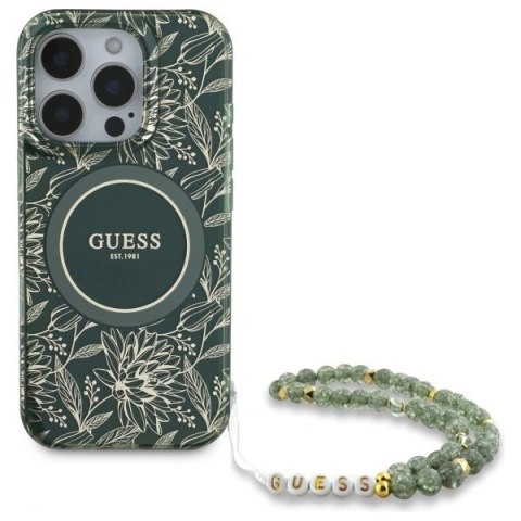 Etui Guess IML Flowers Allover Electro With Pearl Strap MagSafe na iPhone 16 Pro Max - zielone Etui Guess IML Flowers Allover Electro With Pearl Strap MagSafe na iPhone 16 Pro Max - zielone