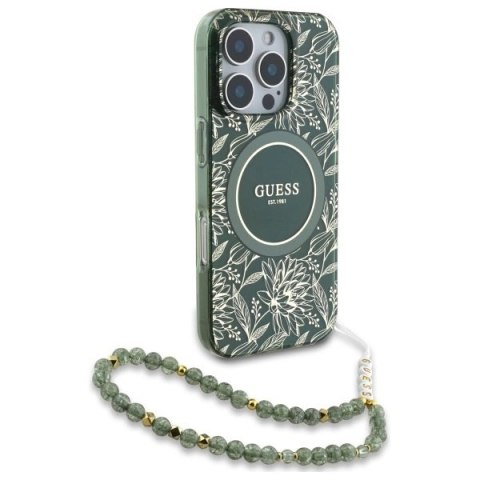 Etui Guess IML Flowers Allover Electro With Pearl Strap MagSafe na iPhone 16 Pro Max - zielone Etui Guess IML Flowers Allover Electro With Pearl Strap MagSafe na iPhone 16 Pro Max - zielone