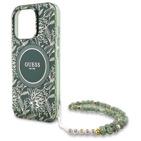 Etui Guess IML Flowers Allover Electro With Pearl Strap MagSafe na iPhone 16 Pro Max - zielone Etui Guess IML Flowers Allover Electro With Pearl Strap MagSafe na iPhone 16 Pro Max - zielone
