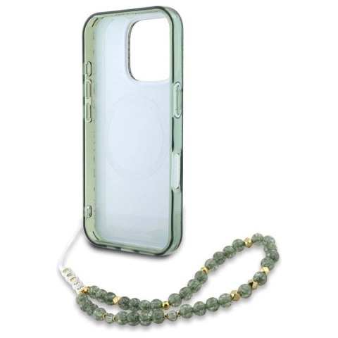 Etui Guess IML Flowers Allover Electro With Pearl Strap MagSafe na iPhone 16 Pro Max - zielone Etui Guess IML Flowers Allover Electro With Pearl Strap MagSafe na iPhone 16 Pro Max - zielone