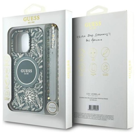 Etui Guess IML Flowers Allover Electro With Pearl Strap MagSafe na iPhone 16 Pro Max - zielone Etui Guess IML Flowers Allover Electro With Pearl Strap MagSafe na iPhone 16 Pro Max - zielone
