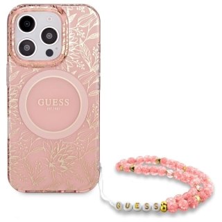 Etui Guess IML Flowers Allover Electro With Pearl Strap MagSafe na iPhone 16 Pro - różowe