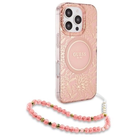 Etui Guess IML Flowers Allover Electro With Pearl Strap MagSafe na iPhone 16 Pro - różowe Etui Guess IML Flowers Allover Electro With Pearl Strap MagSafe na iPhone 16 Pro - różowe