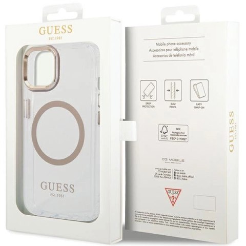 Etui Guess Metal Outline MagSafe na iPhone 15 Plus / 14 Plus - złote Etui Guess Metal Outline MagSafe na iPhone 15 Plus / 14 Plus - złote