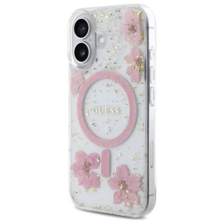 Etui Guess Resin Flower Glitter MagSafe na iPhone 16 - różowe