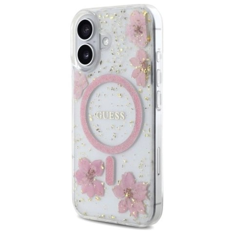 Etui Guess Resin Flower Glitter MagSafe na iPhone 16 - różowe