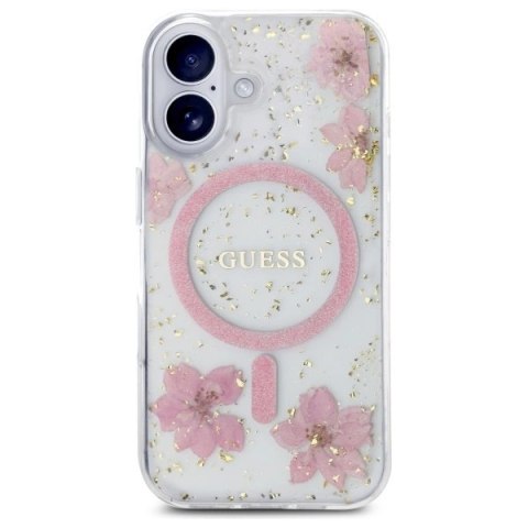 Etui Guess Resin Flower Glitter MagSafe na iPhone 16 - różowe