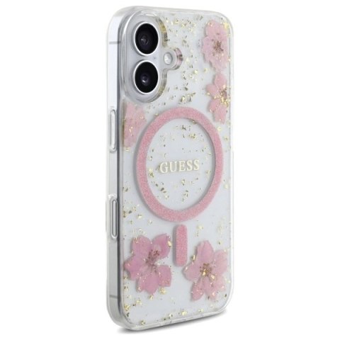 Etui Guess Resin Flower Glitter MagSafe na iPhone 16 - różowe