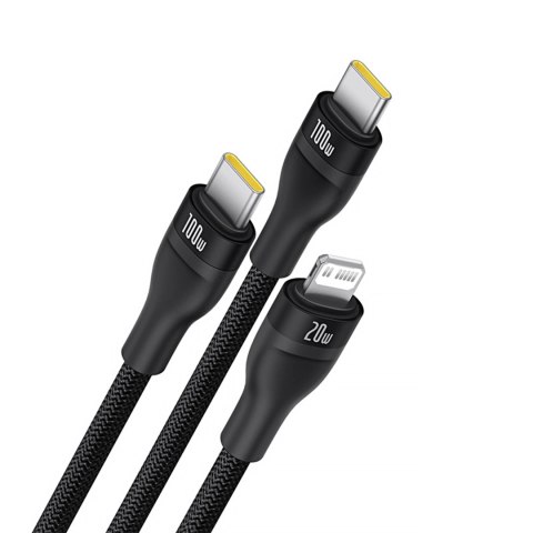 Kabel 3w1 Baseus Flash Series 3 100W USB-C - USB-C+USB-C+Lightning 1,5m + 3 x 0,25 m - czarny Kabel 3w1 Baseus Flash Series 3 100W USB-C - USB-C+USB-C+Lightning 1,5m + 3 x 0,25 m - czarny