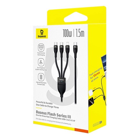 Kabel 3w1 Baseus Flash Series 3 100W USB-C - USB-C+USB-C+Lightning 1,5m + 3 x 0,25 m - czarny Kabel 3w1 Baseus Flash Series 3 100W USB-C - USB-C+USB-C+Lightning 1,5m + 3 x 0,25 m - czarny
