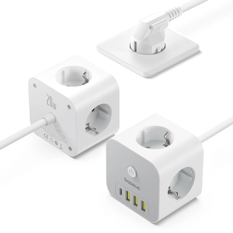 Kostka listwa zasilająca Baseus PowerCombo 7 w 1, 3 AC + 3 x USB-A + 1 x USB-C 20W 1,5 m - biała Kostka listwa zasilająca Baseus PowerCombo 7 w 1, 3 AC + 3 x USB-A + 1 x USB-C 20W 1,5 m - biała