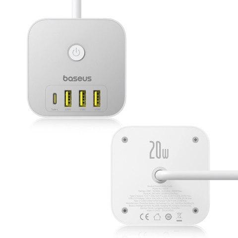 Kostka listwa zasilająca Baseus PowerCombo 7 w 1, 3 AC + 3 x USB-A + 1 x USB-C 20W 1,5 m - biała Kostka listwa zasilająca Baseus PowerCombo 7 w 1, 3 AC + 3 x USB-A + 1 x USB-C 20W 1,5 m - biała