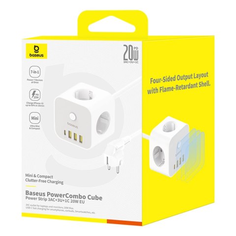 Kostka listwa zasilająca Baseus PowerCombo 7 w 1, 3 AC + 3 x USB-A + 1 x USB-C 20W 1,5 m - biała Kostka listwa zasilająca Baseus PowerCombo 7 w 1, 3 AC + 3 x USB-A + 1 x USB-C 20W 1,5 m - biała