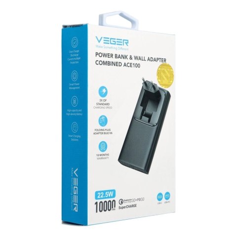 Powerbank Veger ACE100 W1146 10000mAh 20W PD QC3.0 - czarny Powerbank Veger ACE100 W1146 10000mAh 20W PD QC3.0 - czarny