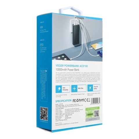 Powerbank Veger ACE100 W1146 10000mAh 20W PD QC3.0 - czarny Powerbank Veger ACE100 W1146 10000mAh 20W PD QC3.0 - czarny