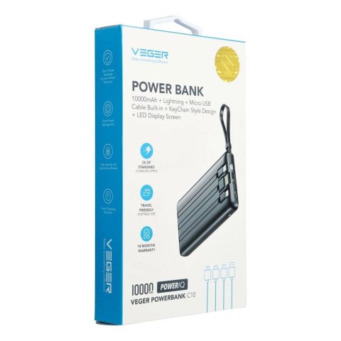 Powerbank Veger C10 (W1116) 10000mAh z wbudowanymi kablami Micro USB / USB-C / Lightning - czarny Powerbank Veger C10 (W1116) 10000mAh z wbudowanymi kablami Micro USB / USB-C / Lightning - czarny