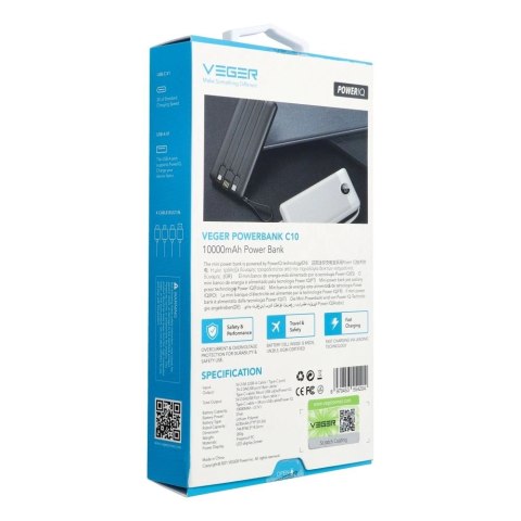 Powerbank Veger C10 (W1116) 10000mAh z wbudowanymi kablami Micro USB / USB-C / Lightning - czarny Powerbank Veger C10 (W1116) 10000mAh z wbudowanymi kablami Micro USB / USB-C / Lightning - czarny