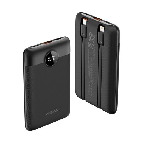 Powerbank Veger C11 (W1170) 10000mAh PD QC3.0 22.5W 2A z wbudowanymi kablami USB-C / Lightning - czarny Powerbank Veger C11 (W1170) 10000mAh PD QC3.0 22.5W 2A z wbudowanymi kablami USB-C / Lightning - czarny
