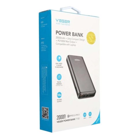Powerbank Veger T100 W2032C-100 20000mAh 100W 5A PD QC3.0 - czarny Powerbank Veger T100 W2032C-100 20000mAh 100W 5A PD QC3.0 - czarny