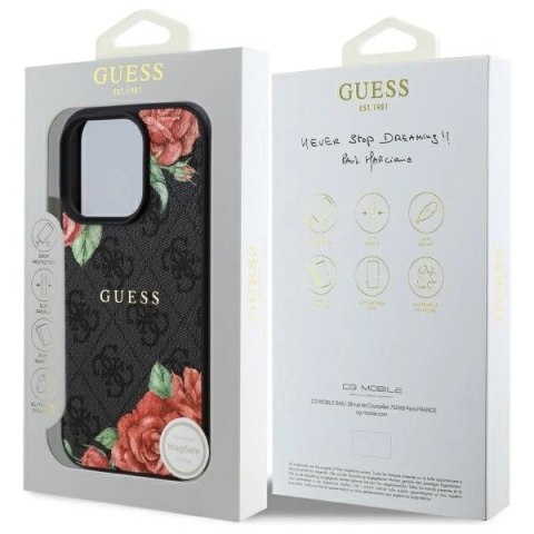 Etui Guess 4G Flowers Print MagSafe na iPhone 16 Pro 6.3" - czarne
