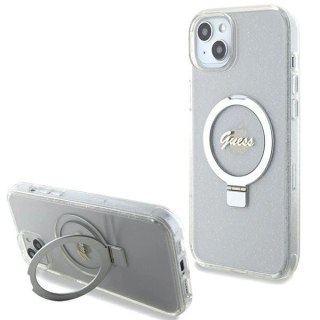 Etui Guess Ring Stand Script Glitter MagSafe na iPhone 15 Plus / 14 Plus 6.7" - przezroczyste