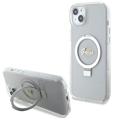 Etui Guess Ring Stand Script Glitter MagSafe na iPhone 15 Plus / 14 Plus 6.7" - przezroczyste