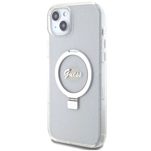 Etui Guess Ring Stand Script Glitter MagSafe na iPhone 15 Plus / 14 Plus 6.7" - przezroczyste