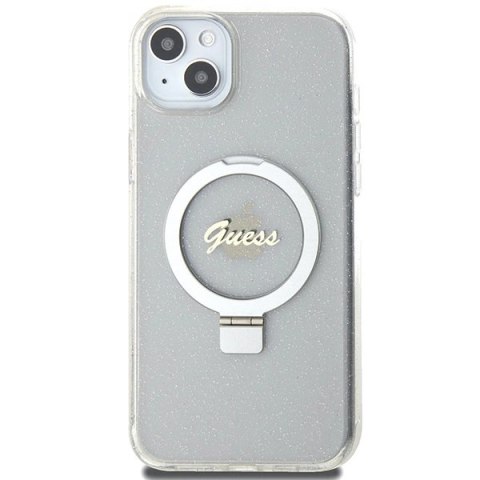Etui Guess Ring Stand Script Glitter MagSafe na iPhone 15 Plus / 14 Plus 6.7" - przezroczyste