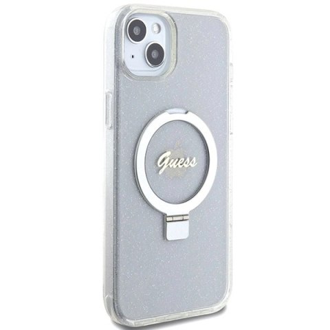 Etui Guess Ring Stand Script Glitter MagSafe na iPhone 15 Plus / 14 Plus 6.7" - przezroczyste