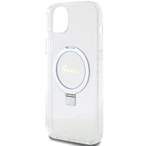 Etui Guess Ring Stand Script Glitter MagSafe na iPhone 15 Plus / 14 Plus 6.7" - przezroczyste