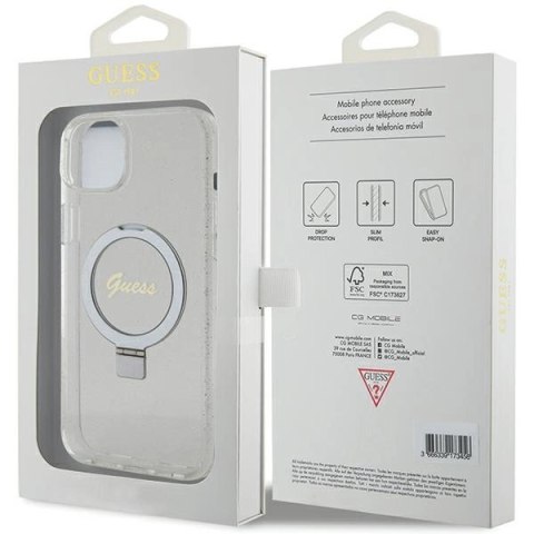 Etui Guess Ring Stand Script Glitter MagSafe na iPhone 15 Plus / 14 Plus 6.7" - przezroczyste