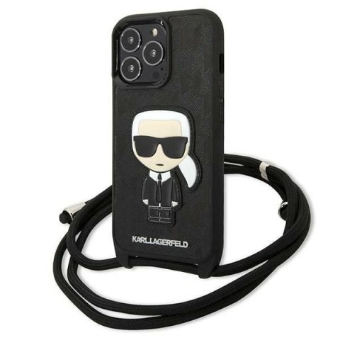 Etui Karl Lagerfeld Leather Monogram Patch and Cord Iconik na iPhone 13 Pro / 13 - czarne Etui Karl Lagerfeld Leather Monogram Patch and Cord Iconik na iPhone 13 Pro / 13 - czarne