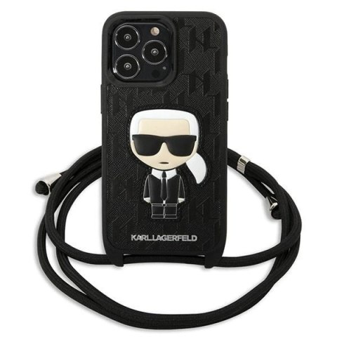Etui Karl Lagerfeld Leather Monogram Patch and Cord Iconik na iPhone 13 Pro / 13 - czarne Etui Karl Lagerfeld Leather Monogram Patch and Cord Iconik na iPhone 13 Pro / 13 - czarne