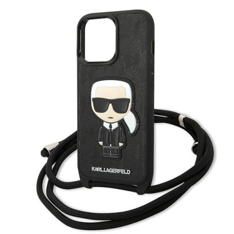 Etui Karl Lagerfeld Leather Monogram Patch and Cord Iconik na iPhone 13 Pro / 13 - czarne Etui Karl Lagerfeld Leather Monogram Patch and Cord Iconik na iPhone 13 Pro / 13 - czarne