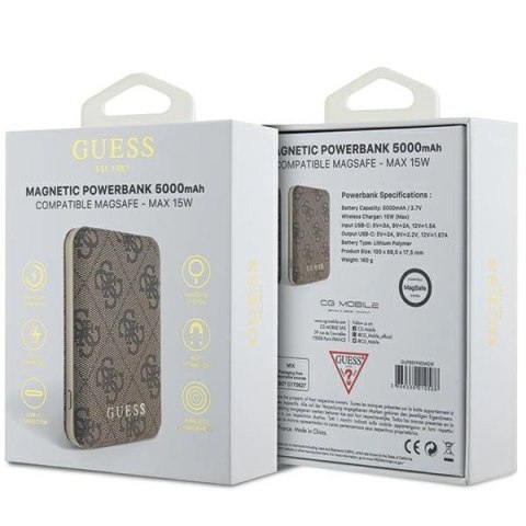 Powerbank indukcyjny Guess 4G Leather Metal Logo MagSafe 15W 5000mAh - brązowy Powerbank indukcyjny Guess 4G Leather Metal Logo MagSafe 15W 5000mAh - brązowy