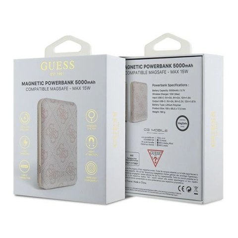 Powerbank indukcyjny Guess 4G Leather Metal Logo MagSafe 15W 5000mAh - różowy Powerbank indukcyjny Guess 4G Leather Metal Logo MagSafe 15W 5000mAh - różowy