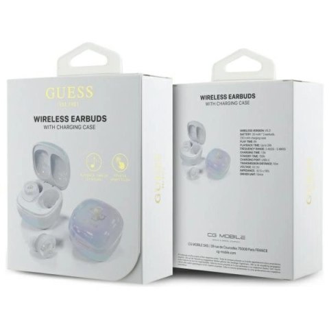 Słuchawki Bluetooth Guess Iridescent 4G Printed Logo TWS + stacja dokująca - białe