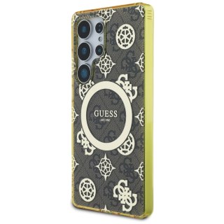 Etui Guess 4G Background Gold Electroplated Peony Pattern MagSafe do Samsung Galaxy S25 Ultra brązowy