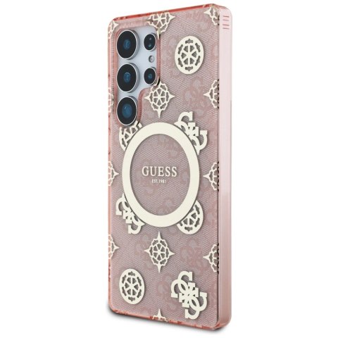 Etui Guess 4G Background Gold Electroplated Peony Pattern MagSafe do Samsung Galaxy S25 Ultra różowy