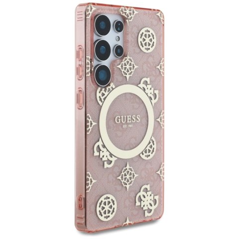 Etui Guess 4G Background Gold Electroplated Peony Pattern MagSafe do Samsung Galaxy S25 Ultra różowy