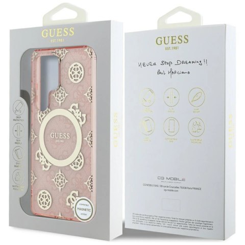 Etui Guess 4G Background Gold Electroplated Peony Pattern MagSafe do Samsung Galaxy S25 Ultra różowy