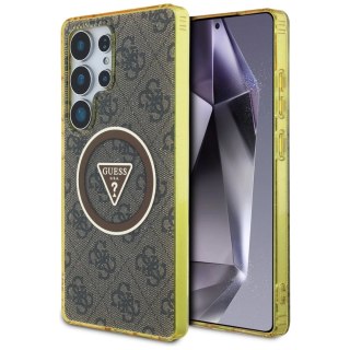 Etui Guess 4G Glitter Triangle Buttons MagSafe do Samsung Galaxy S25 Ultra brązowy