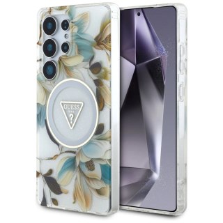Etui Guess Glitter Flowers Triangle Buttons MagSafe do Samsung Galaxy S25 Ultra biały