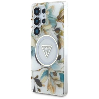 Etui Guess Glitter Flowers Triangle Buttons MagSafe do Samsung Galaxy S25 Ultra biały