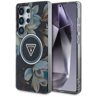 Etui Guess Glitter Flowers Triangle Buttons MagSafe do Samsung Galaxy S25 Ultra czarny